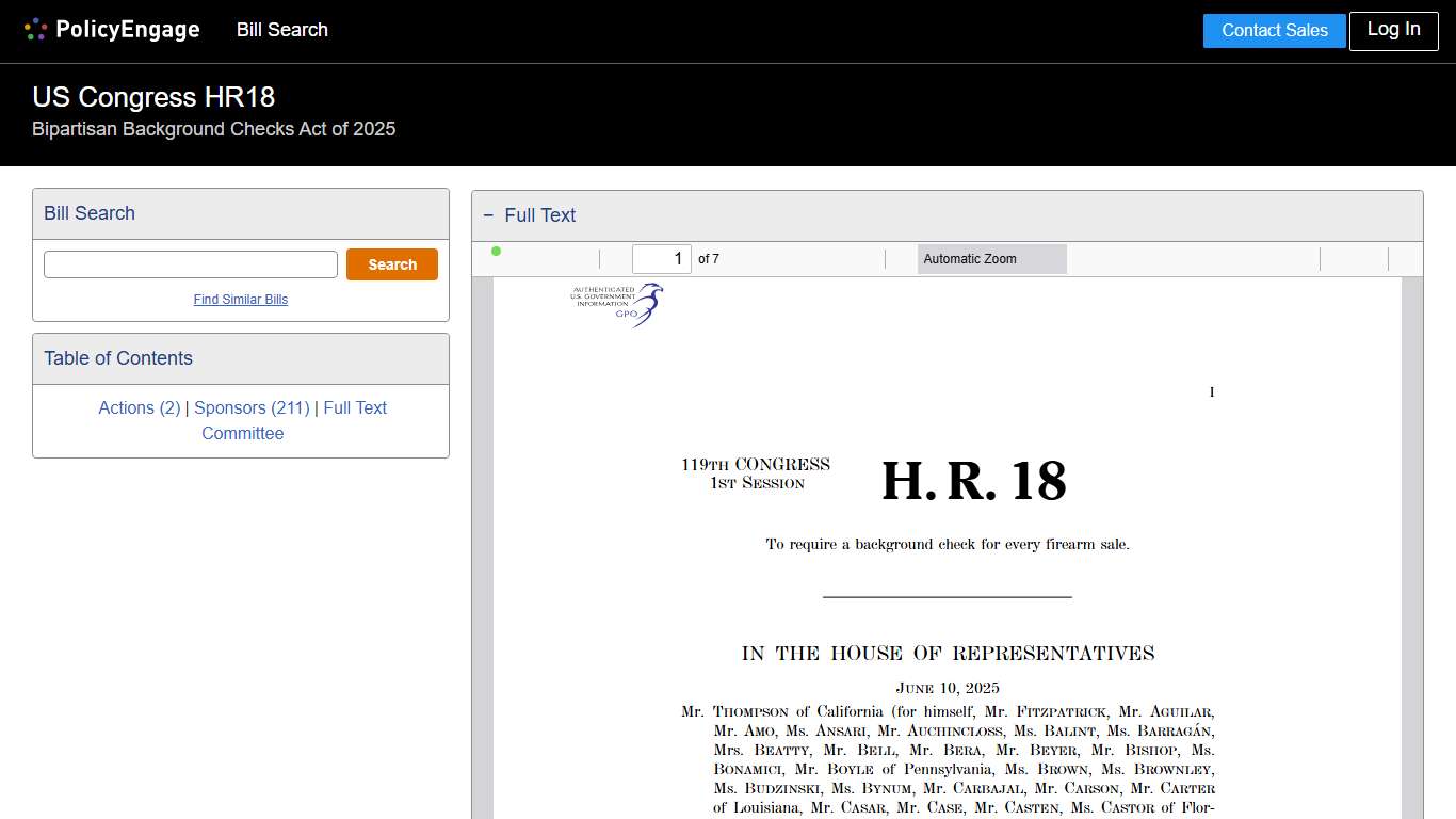 HR18 | US Congress 2025-2026 | Bipartisan Background Checks Act of 2025 - Legislative Tracking | PolicyEngage